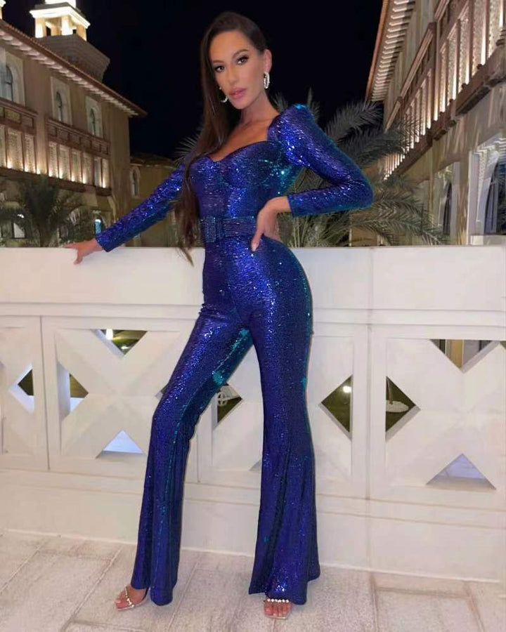 Baksida av damernas paljett- och glitterjumpsuit för cocktailkvällar