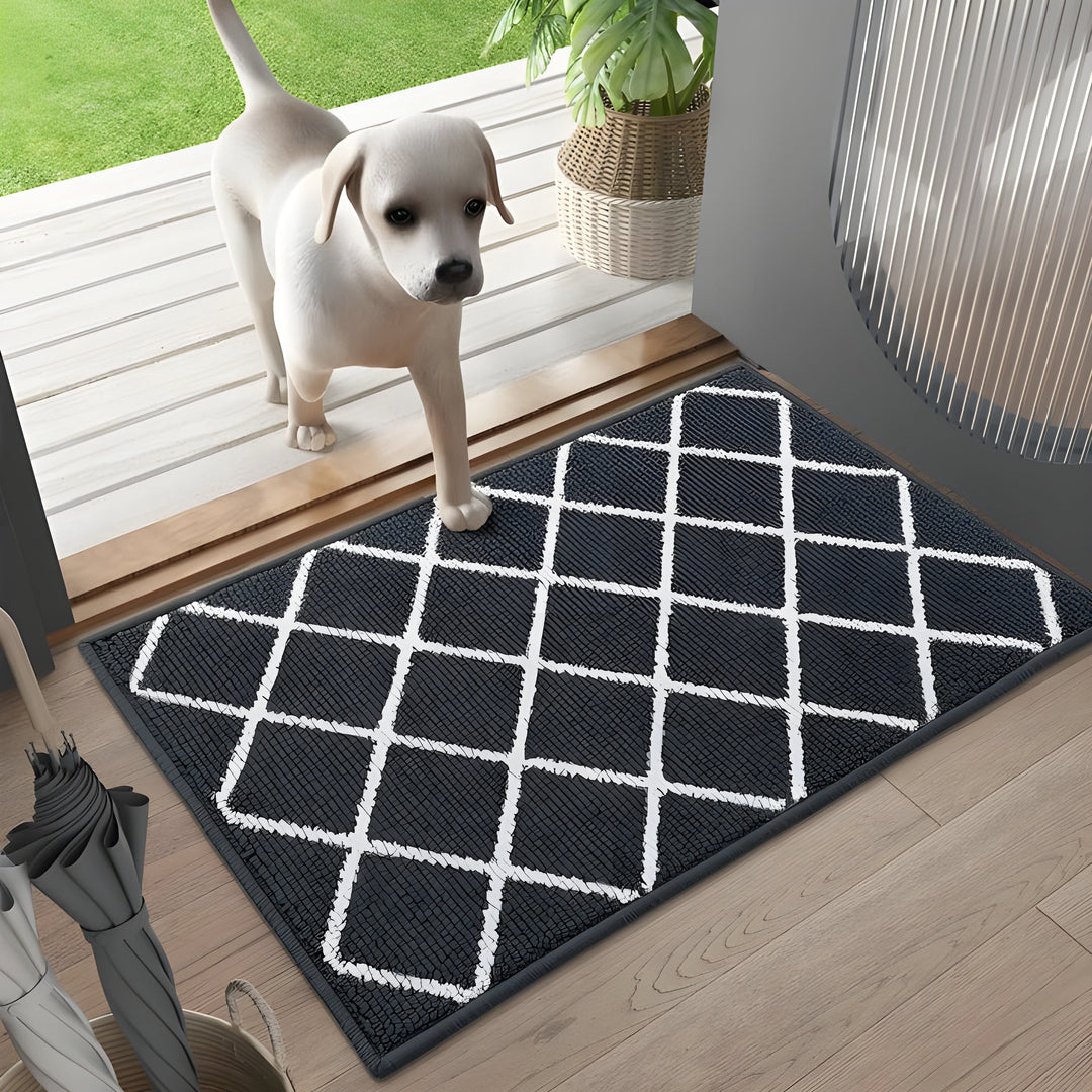 Svart dörrmatta vid ingång med en vit hund som kliver in