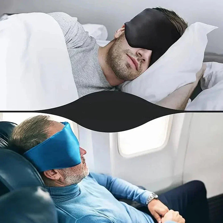 Män som bär svarta och blå sidenmasker under vila på flygresa