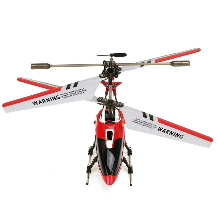 Framifrån visar rotorer och detaljer på den röda RC helikoptern