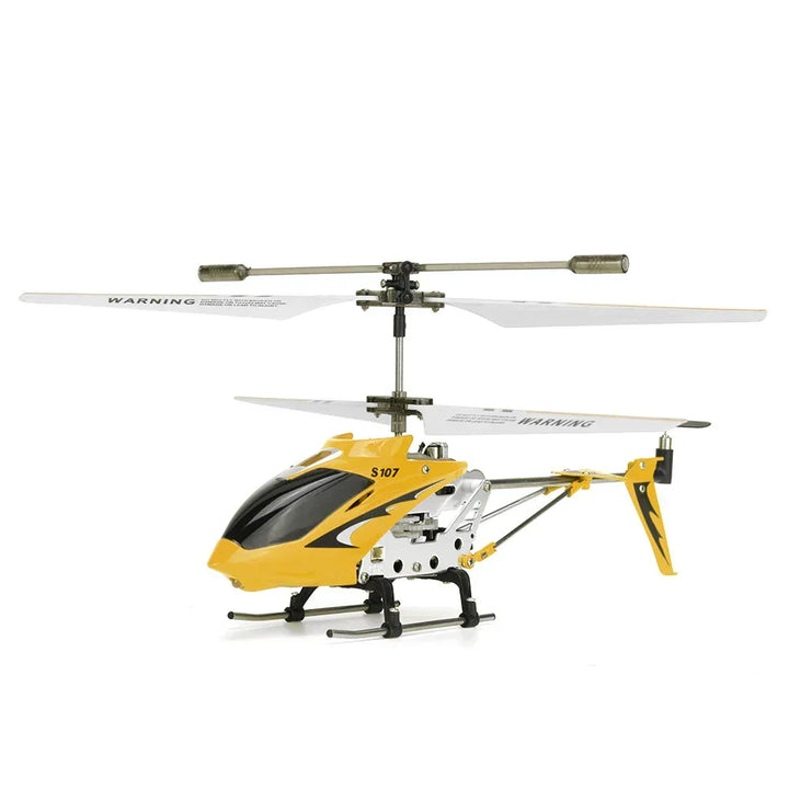 RC helikopter sedd från sidan som visar den robusta konstruktionen