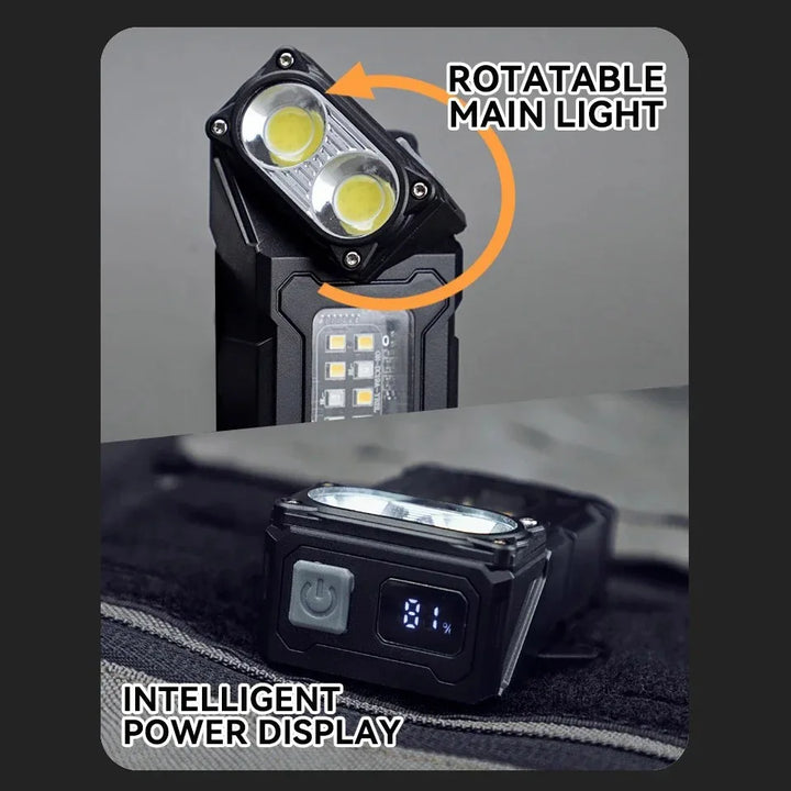 Närbild som visar det roterande lamphuvudet och den digitala batteriindikatorn