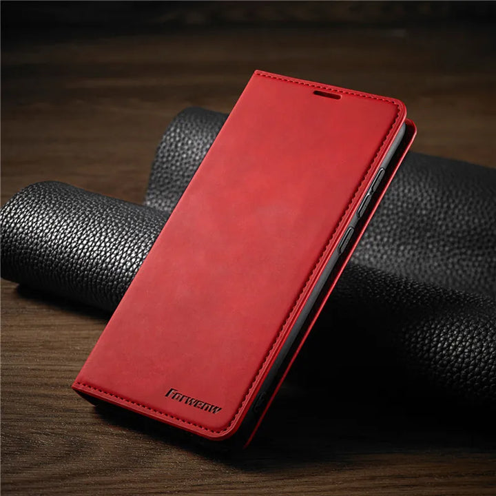 Elegant mobilfodral i äkta läder för iPhone, visar insidans fack för kort