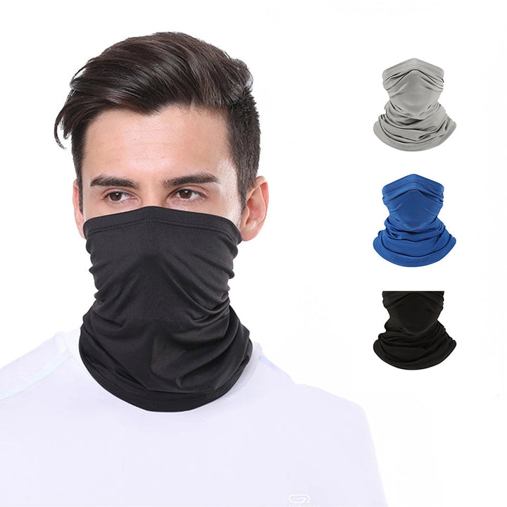 Man bär svart UV-skydd scarf som ansiktsskydd med färgval i bakgrunden