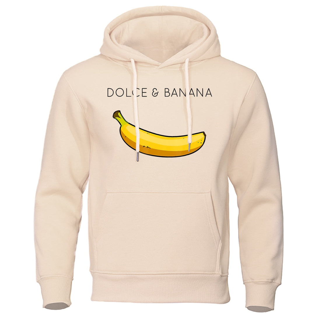 Beige herrhoodie med roligt banantryck och dragsko