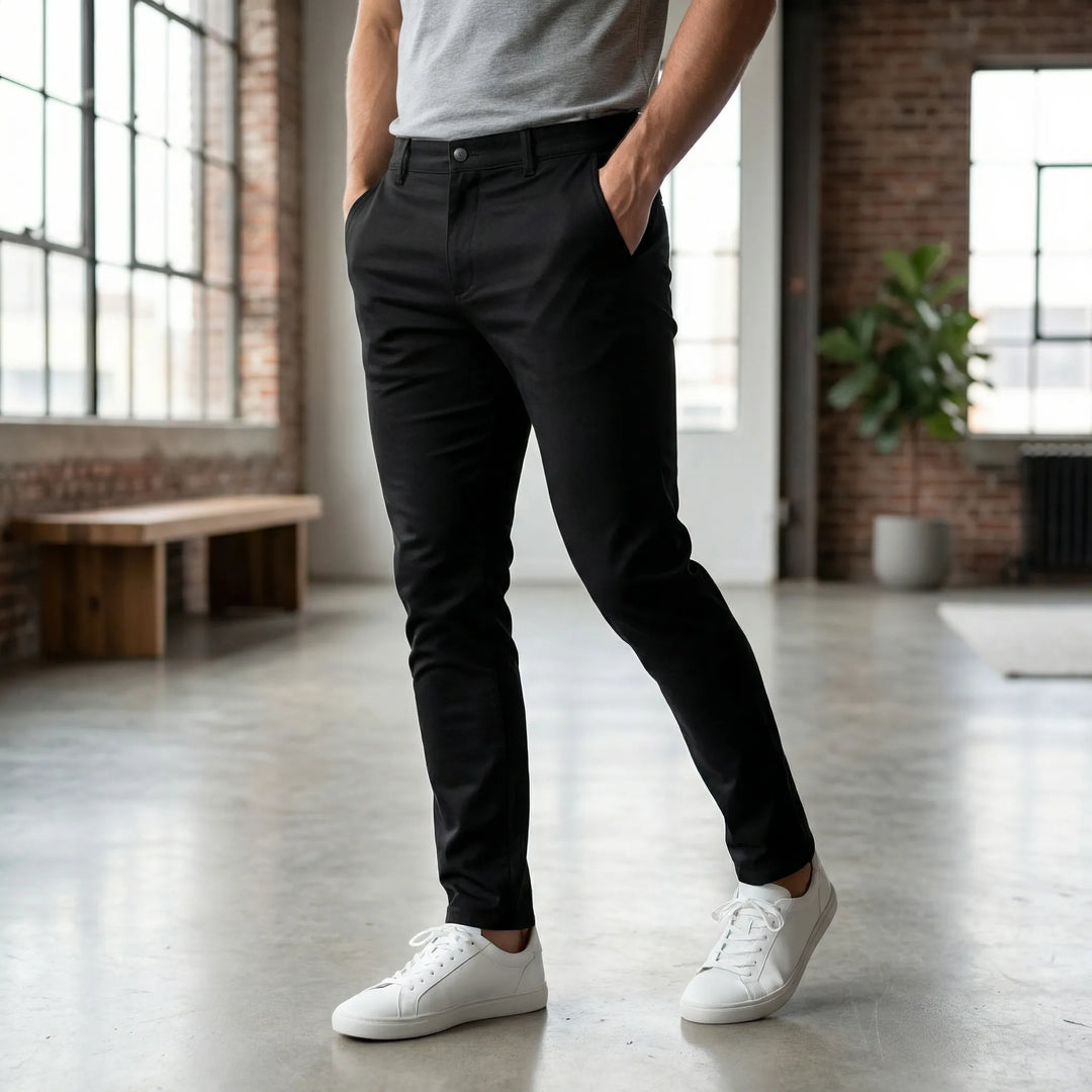 Man i svarta avsmalnande herrbyxor Maddox med vita sneakers i industriell miljö