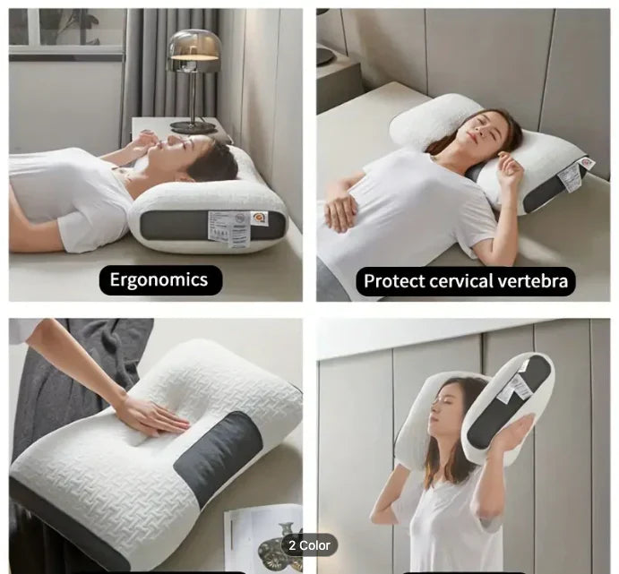 Snygg uppsättning av den ergonomiska sovkomfort-kudden placerad på en bäddad säng