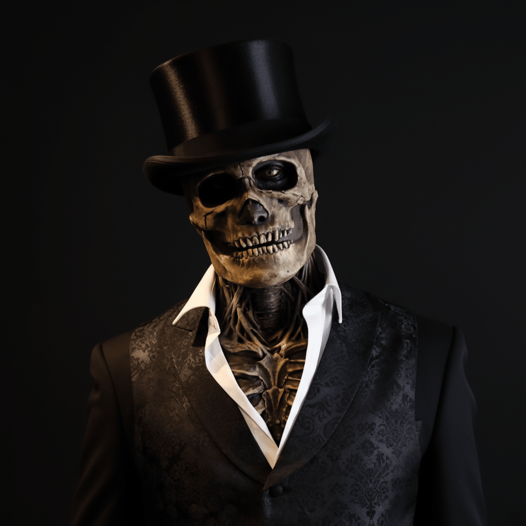 Realistisk skelettmask med hatt och elegant kavaj på mörk bakgrund