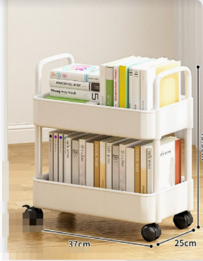 Närbild på bokhylla på hjul som visar robust konstruktion och smart organisation