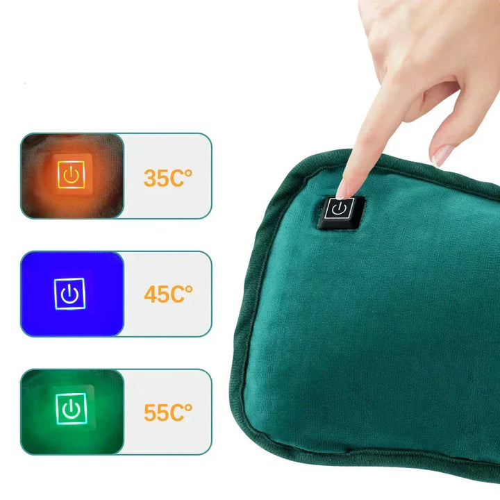 Bärbar värmedyna med USB-laddning för smidig avkoppling och lindring vid kyla.