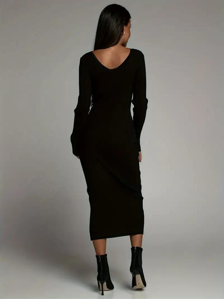Helhetsbild på långärmad ribbad bodycon klänning för dam