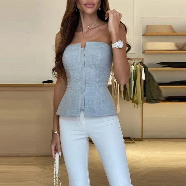 Vit axelbandslös topp för dam med dekorativ dragkedja framtill