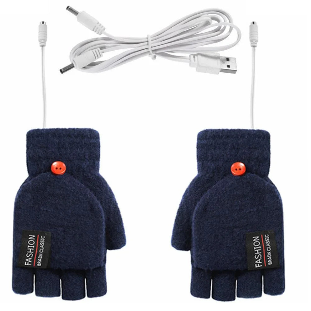 Mörkblå USB-laddningsbara värmehandskar med tillhörande kabel