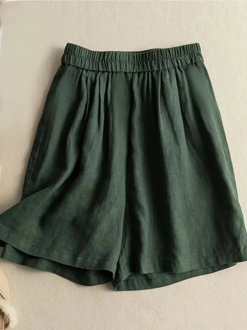 Bekväma linneshorts för dam med hög midja och fickor framtill
