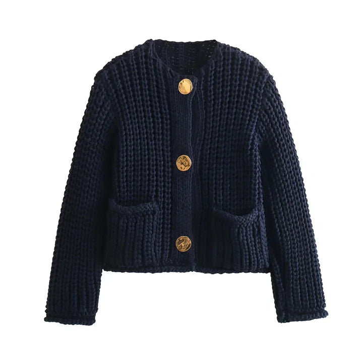 Marinblå stickad cardigan för kvinnor med texturerad design