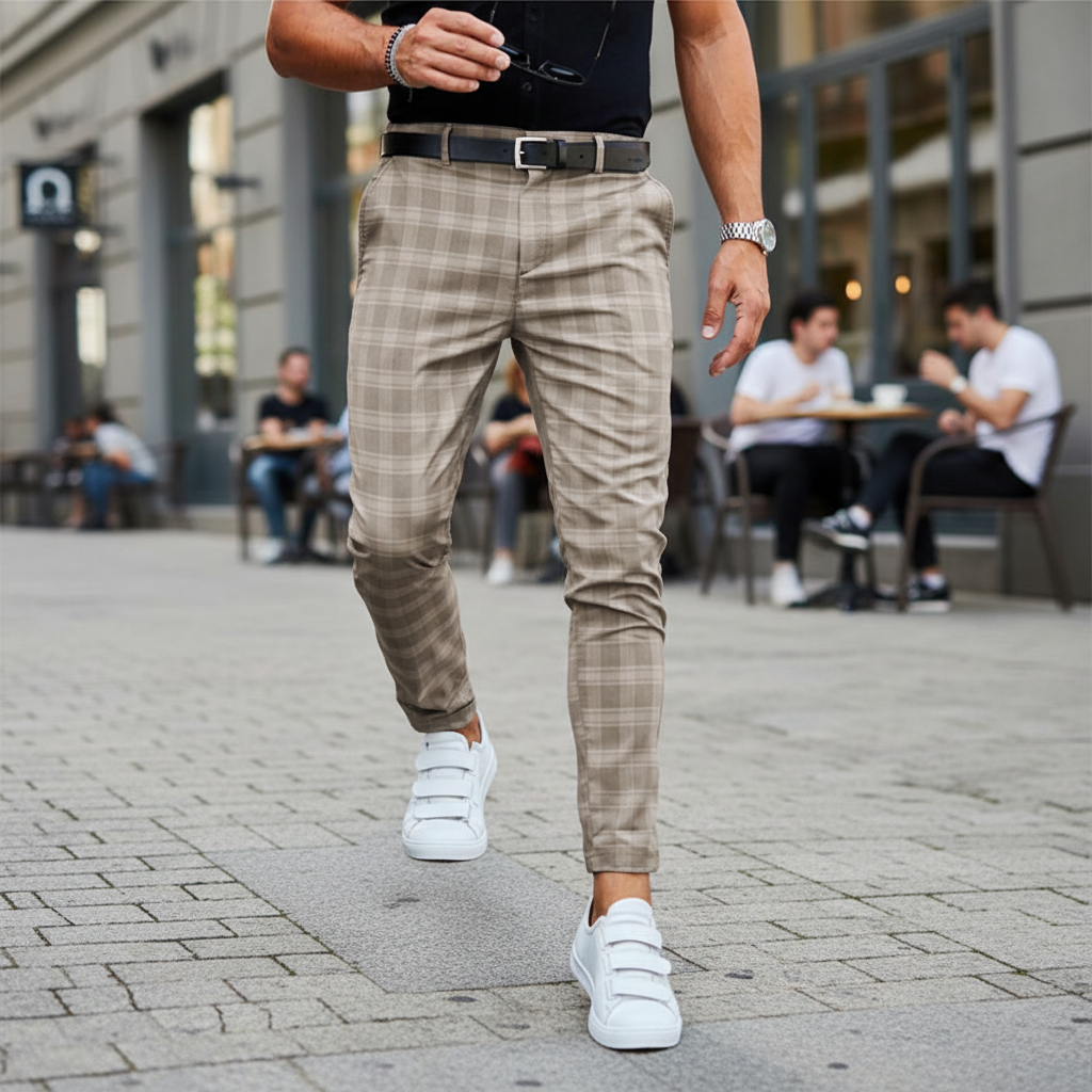 Man i rutiga chinos byxor Oskar utomhus på stadsgata