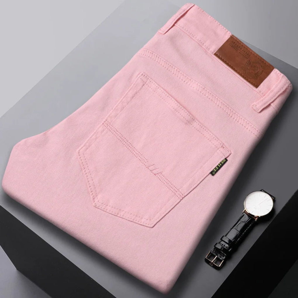 Rosa slim fit-jeans för män med detaljerade bakfickor