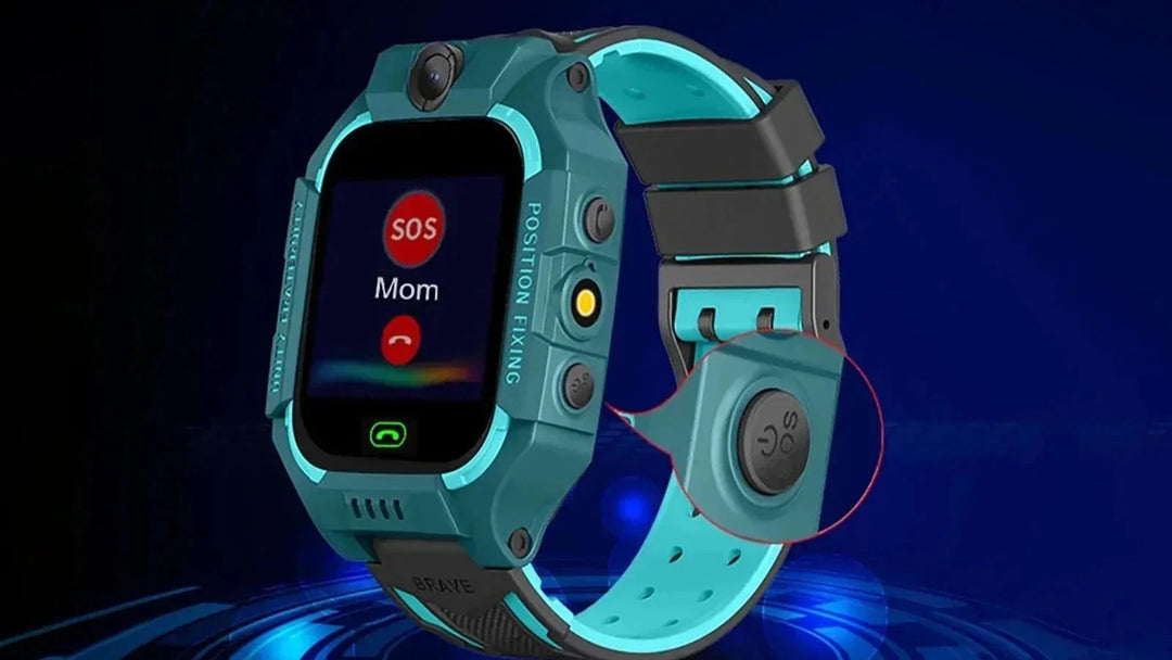 Turkos GPS smartwatch för barn som visar SOS-samtal