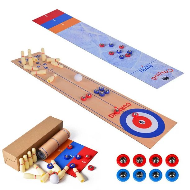 Komplett 3-i-1 bordshuffleboardspel med tillbehör och matta