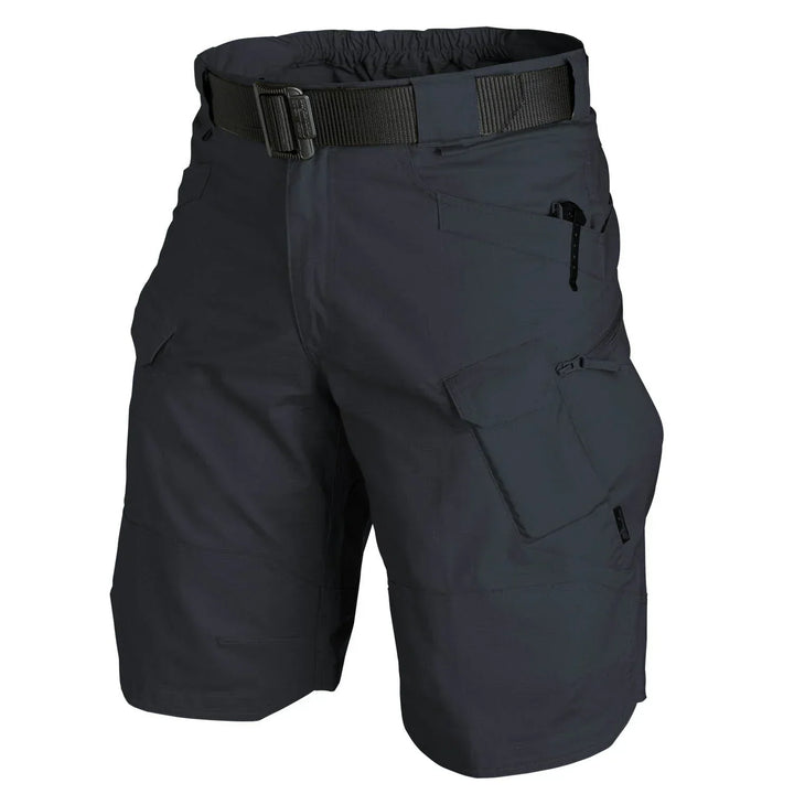 Mörka taktiska friluftsshorts med bälte och cargofickor för herrar