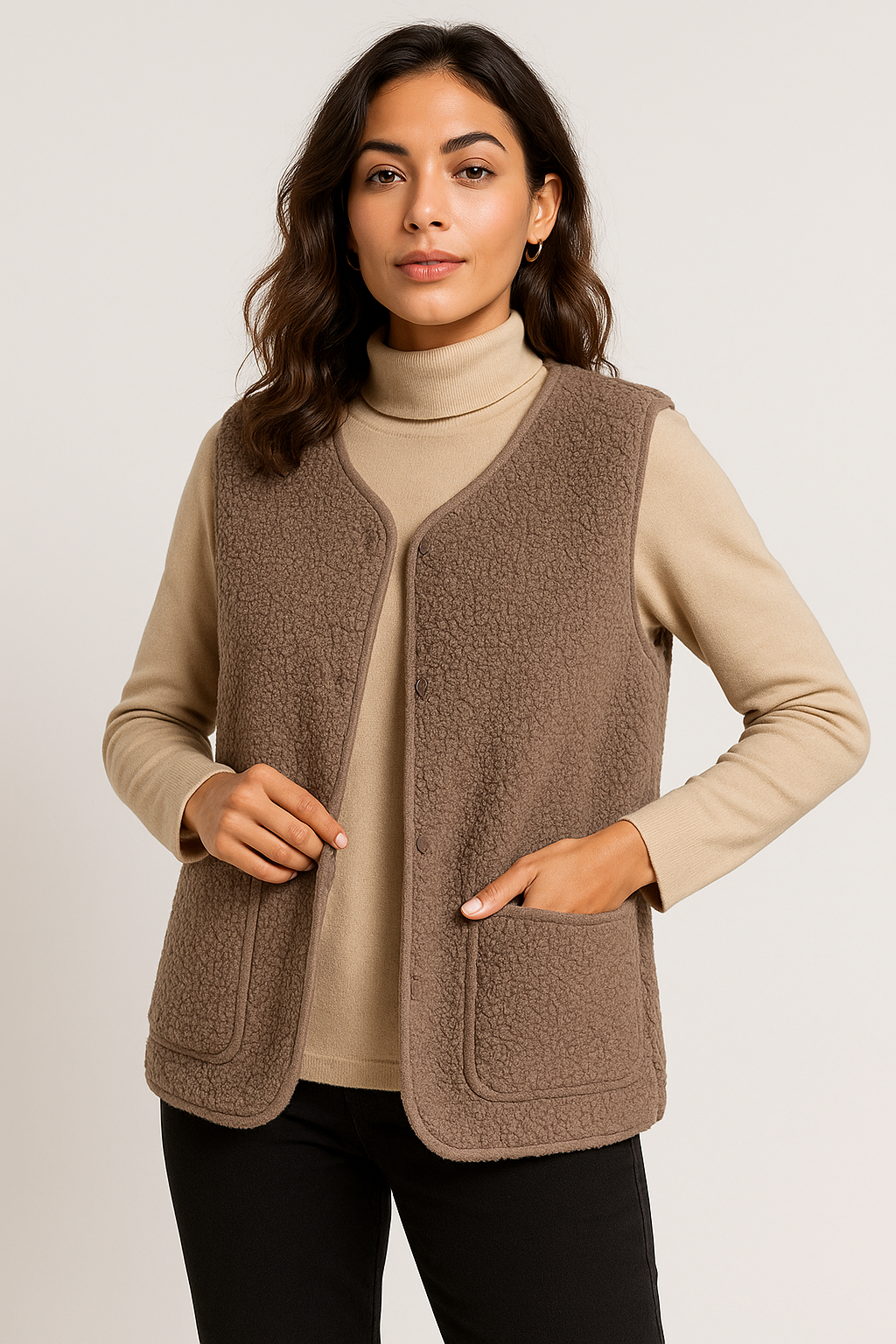 Brun teddyväst för damer i ärmlös modell, perfekt höstmode
