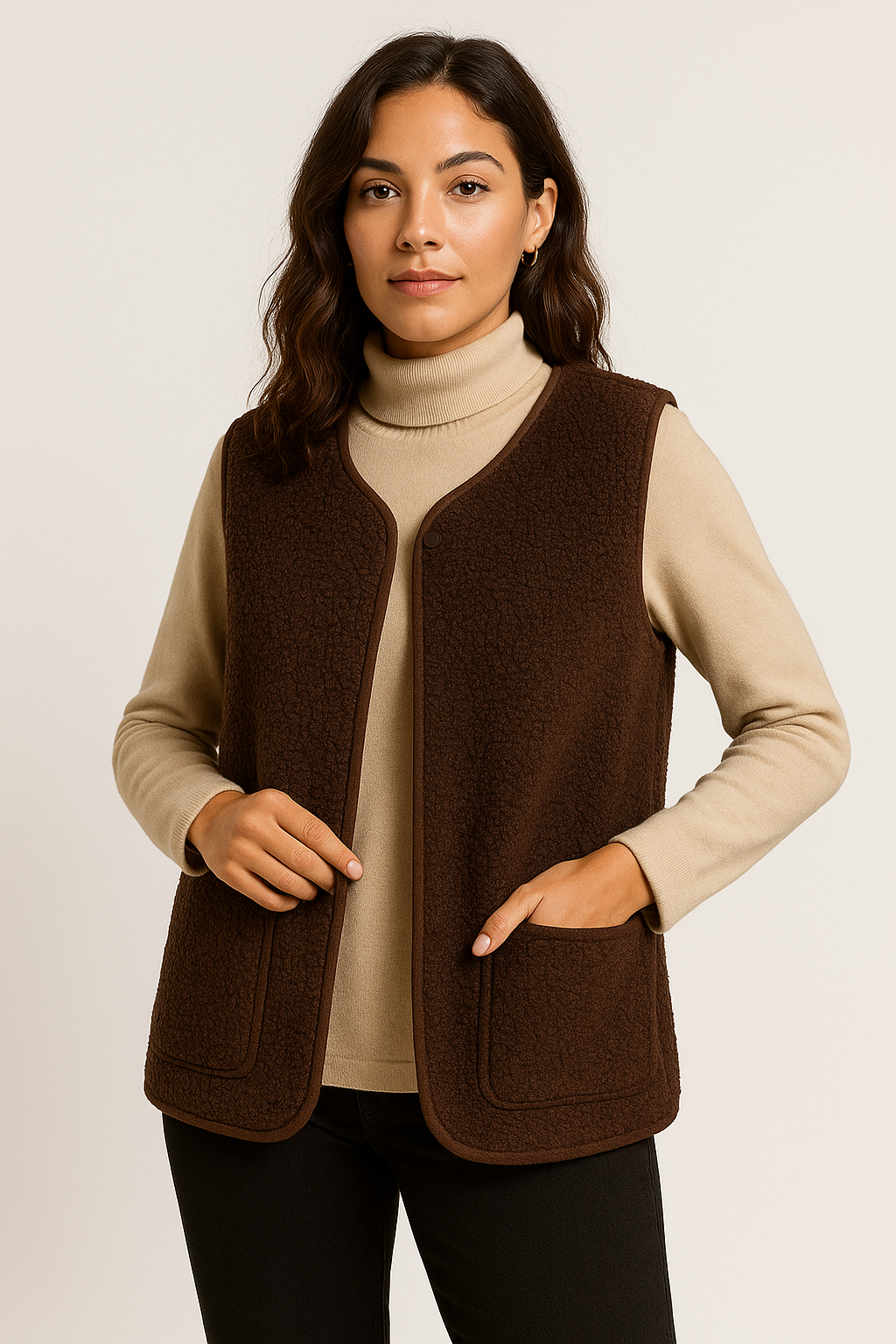 Kvinna i Mörk Khaki Teddy Gilet ärmlös väst framifrån
