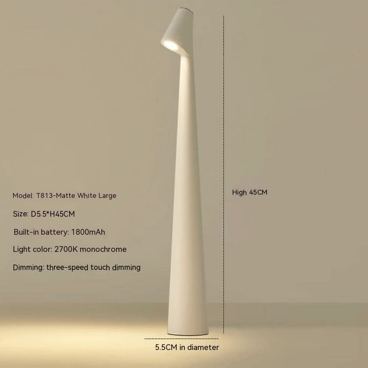 Produktöversikt av trådlös LED lampa med tillhörande laddare och tillbehör
