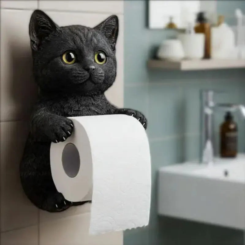 Svart kattunge toalettpappershållare med rulle