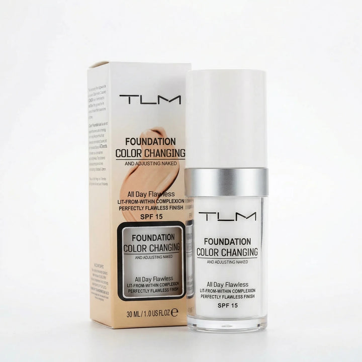 Flytande foundation flaska och tillhörande kartong med SPF 15 märkning