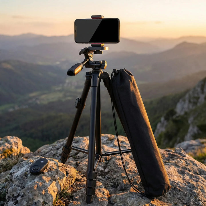 Fällbar Bluetooth telefon tripod uppställd på stenig mark utomhus i solnedgång