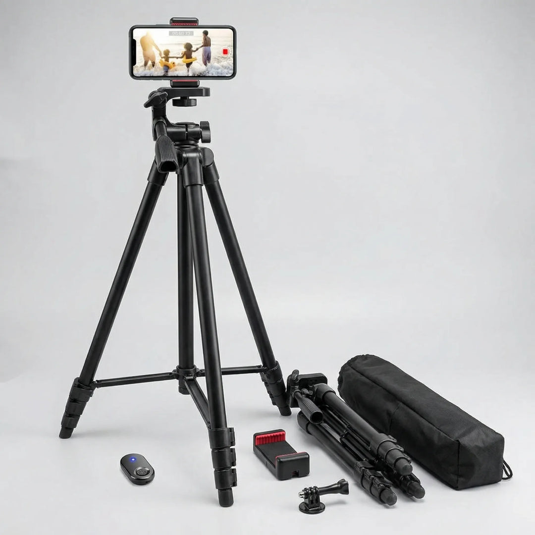 Komplett paket med telefon tripod, fjärrkontroll, fästen och bärväska