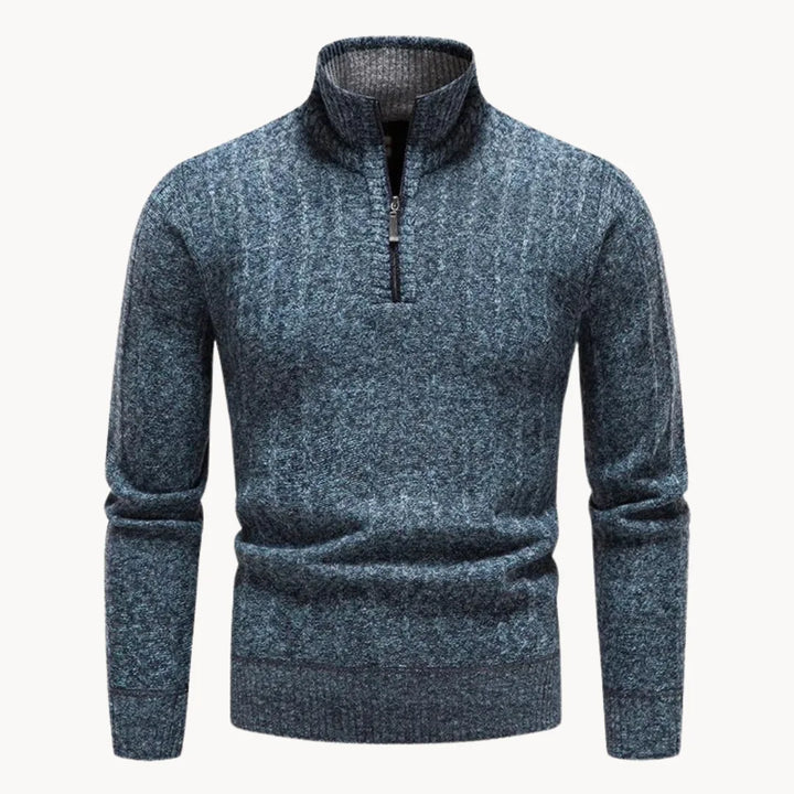 Herrarnas blå kvart zip-tröja med ståkrage och ribbad stickning framifrån
