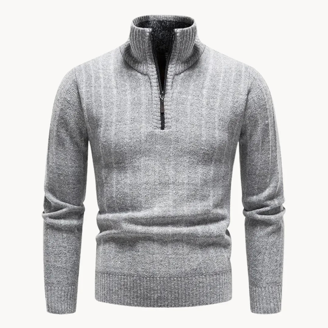 Herrarnas ljusgrå kvart zip-tröja med ståkrage och ribbad stickning framifrån