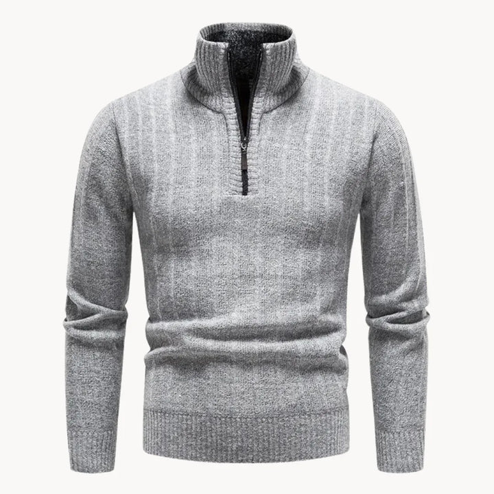 Herrarnas ljusgrå kvart zip-tröja med ståkrage och ribbad stickning framifrån