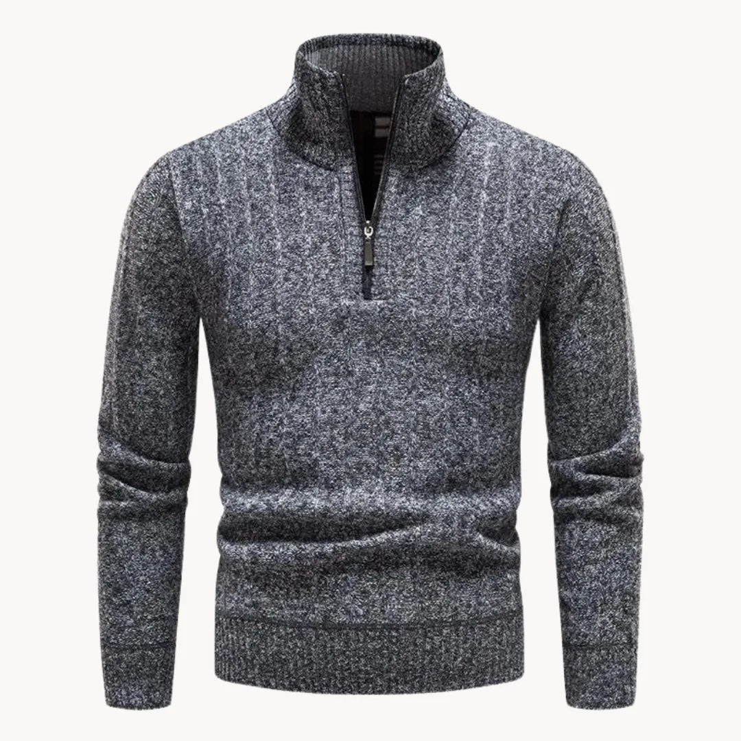 Herrarnas grå kvart zip-tröja med ståkrage och ribbad stickning framifrån