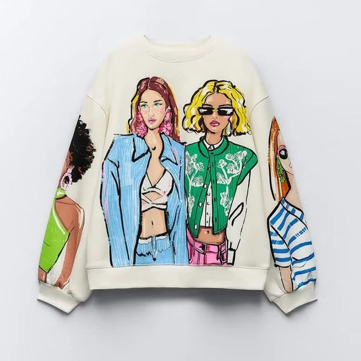 Vit damtröja med konstnärligt illustrationstryck