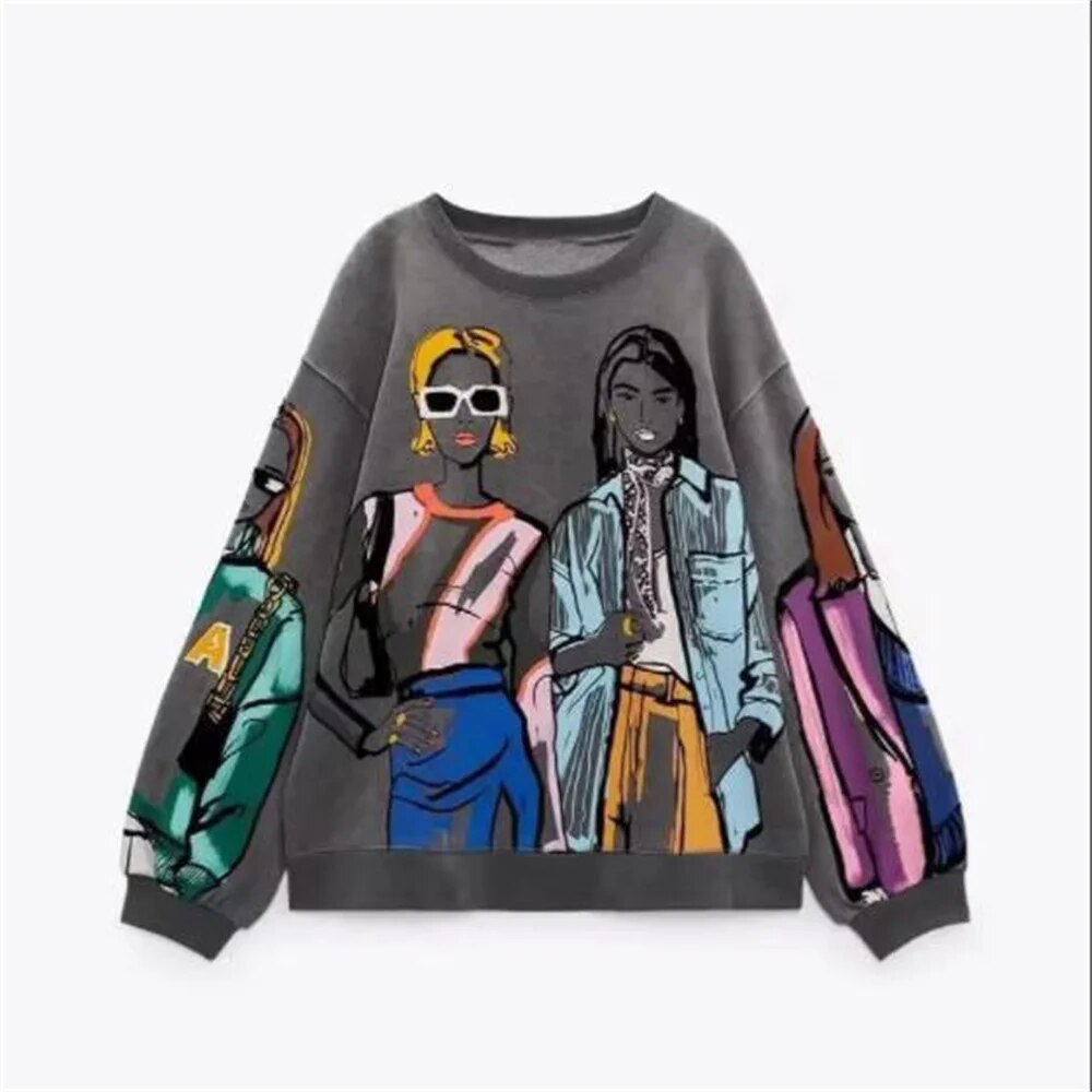 Oversized sweatshirt för dam med tryck som visar den vida passformen bakifrån