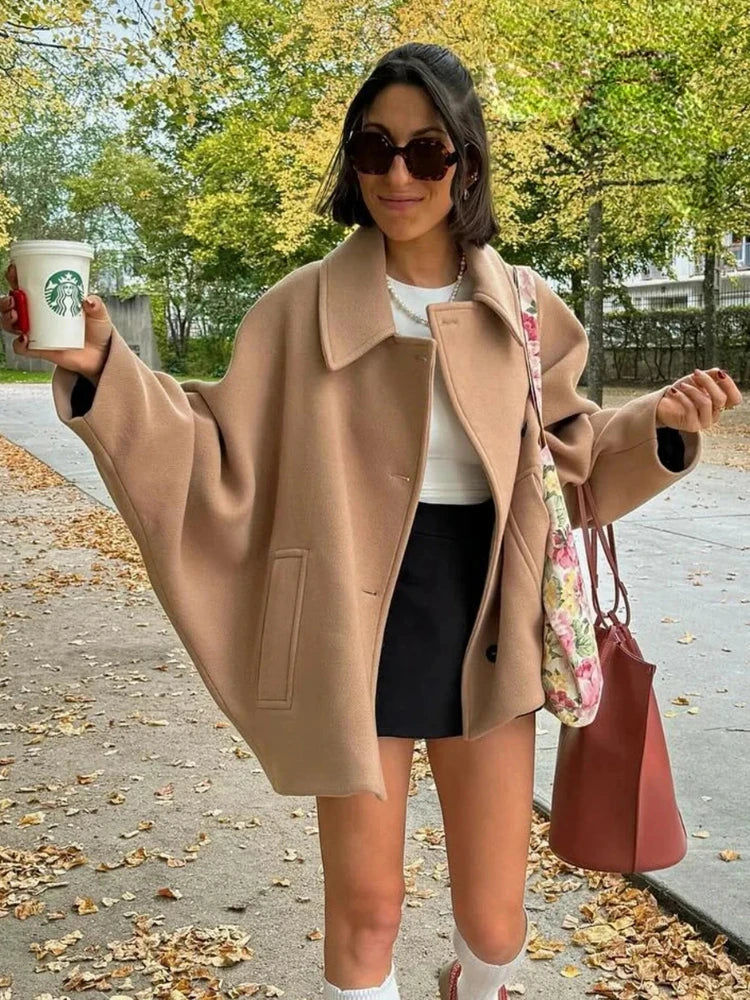 Brun kort oversized damjacka med knäppning, snygg höst- och vinterjacka för dam
