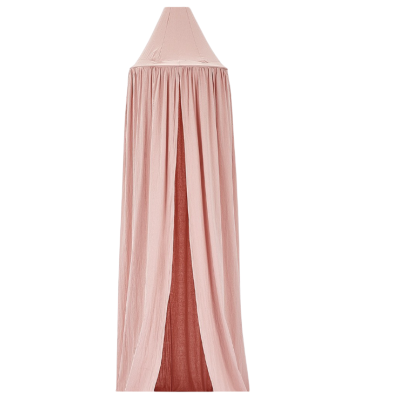 Detaljbild på tyg till barnhimmel och sängtak i dämpad rosa nyans