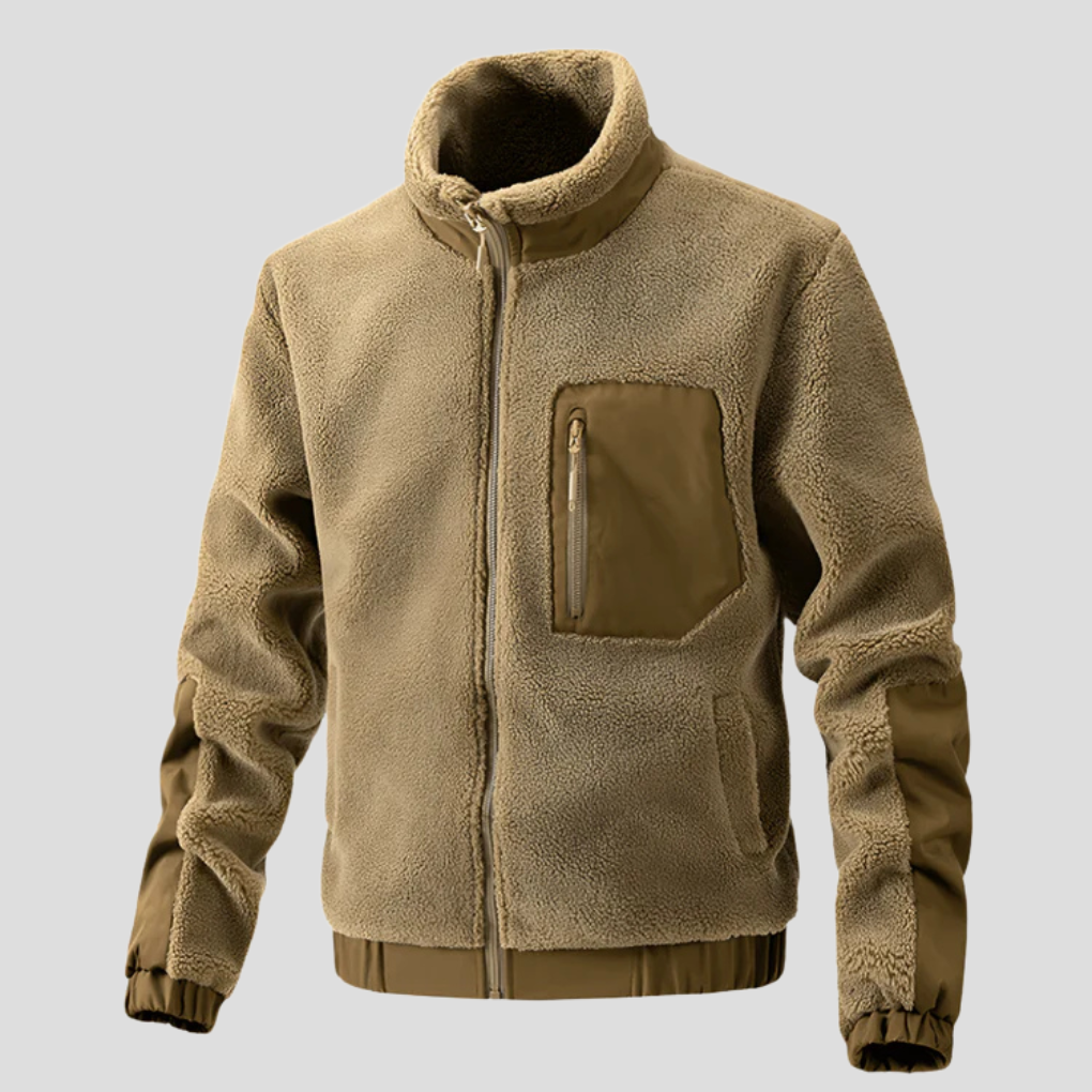 Herr fleecejacka i khaki färg med ståkrage och bröstficka