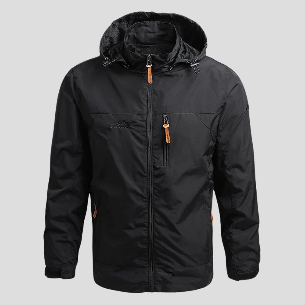 Svart herr softshell-jacka med huva och dragkedja framifrån