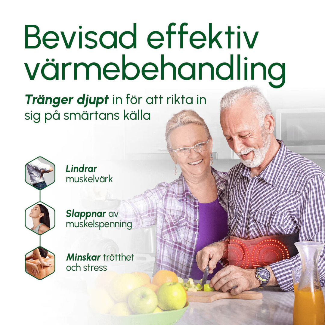 Ergonomiskt massagebälte för rygg och mage med värme och ljusbehandling