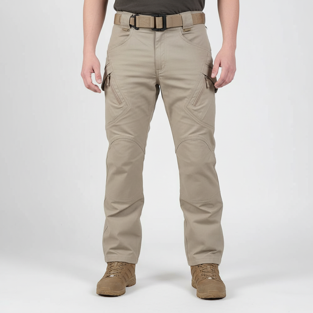 Helkroppsbild på man i khaki cargobyxa framifrån mot vit bakgrund