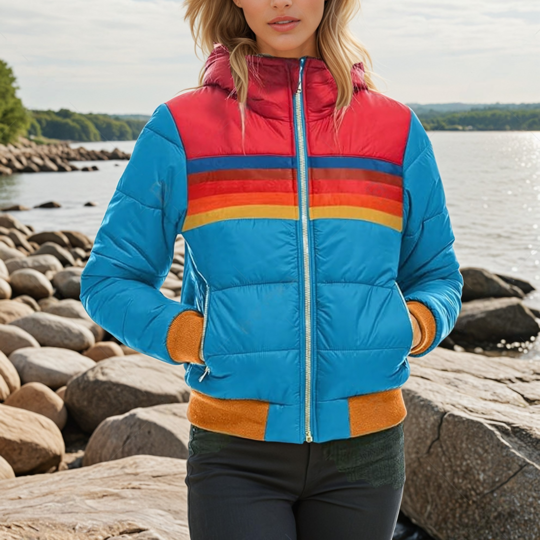 Marinblå damernas retro vinterjacka med huva och dragkedja bakifrån