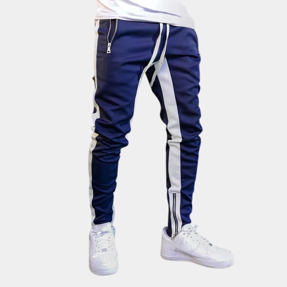Blå herr joggingbyxa Finn med vit kontrastlinje på benet