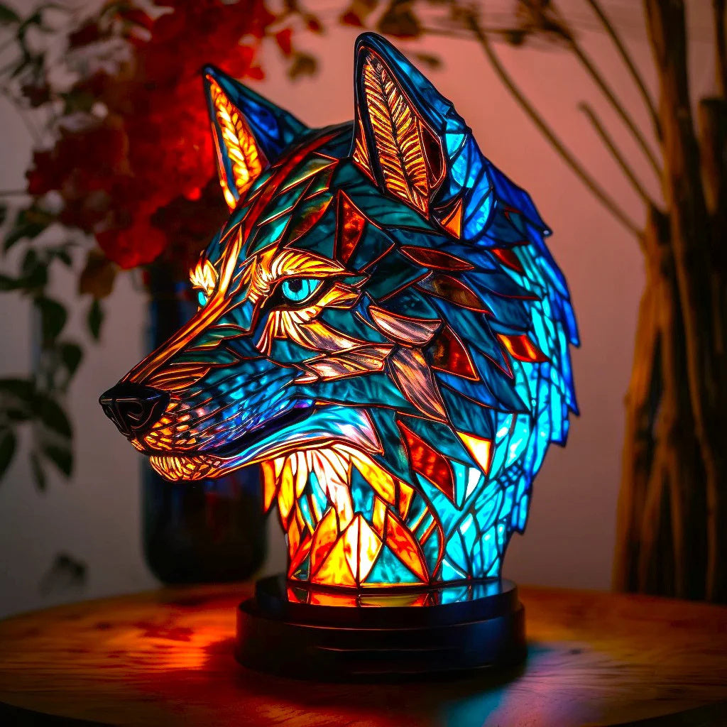 Detaljbild på varghuvud bordslampa i färgat glas med varm LED-belysning