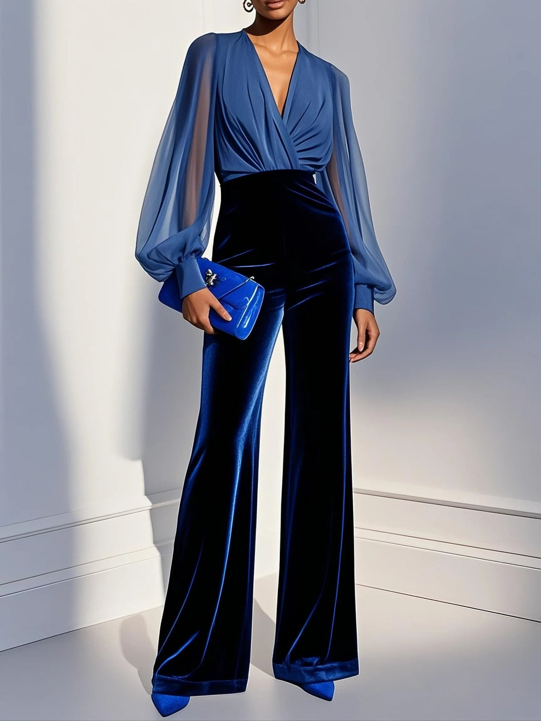 Kvinna som bär ett elegant blått set med långärmad blus och vida byxor framifrån