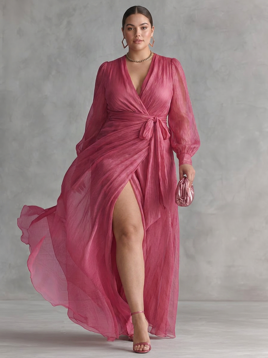 Modell som bär en elegant rosa maxiklänning med knytmidja och slits