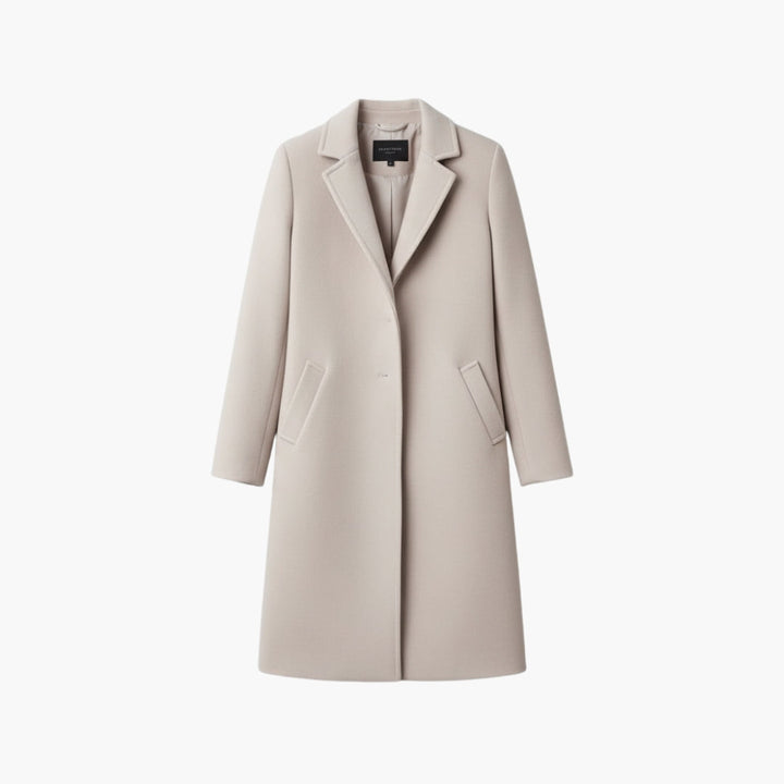 Beige dam lång kappa med krage och knappar framifrån