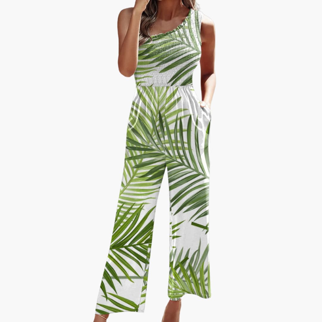 Somrig damjumpsuit med mönster enaxlad skärning och vida ben